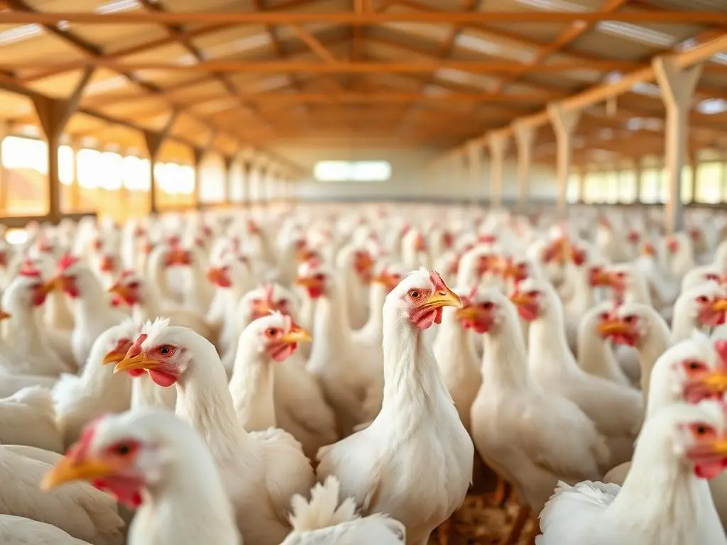 Healthy broilers in a clean poultry house
